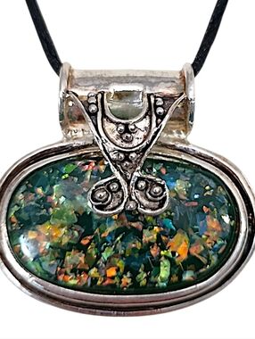 Vintage Faux Fire Opal Pendant Corded Large Silver Tone Chunky Artisan Boho Chic